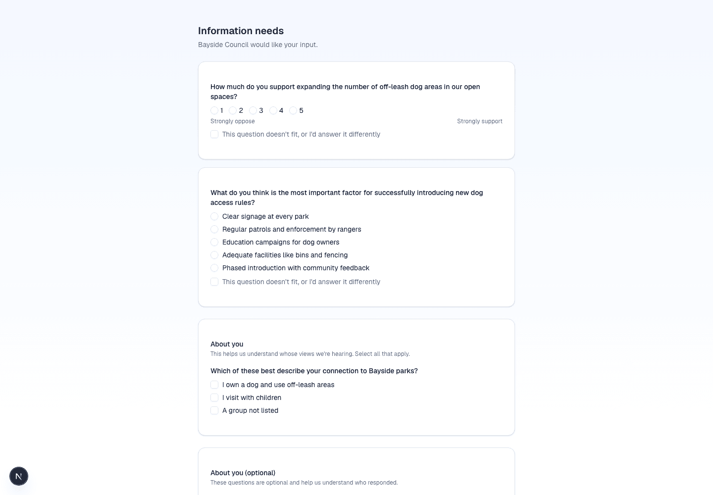 A mixed instrument showing structured questions followed by a multi-select About you stakeholder question
