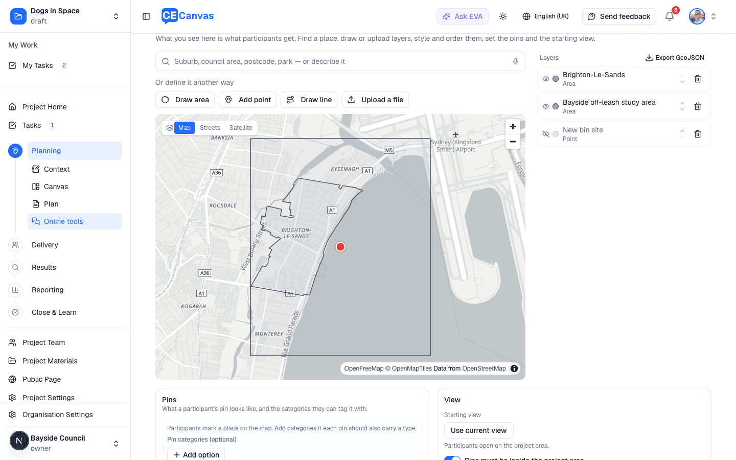 The Map tab: a satellite map with a red route, point markers and an area outline beside the Layers, Pins and View panels