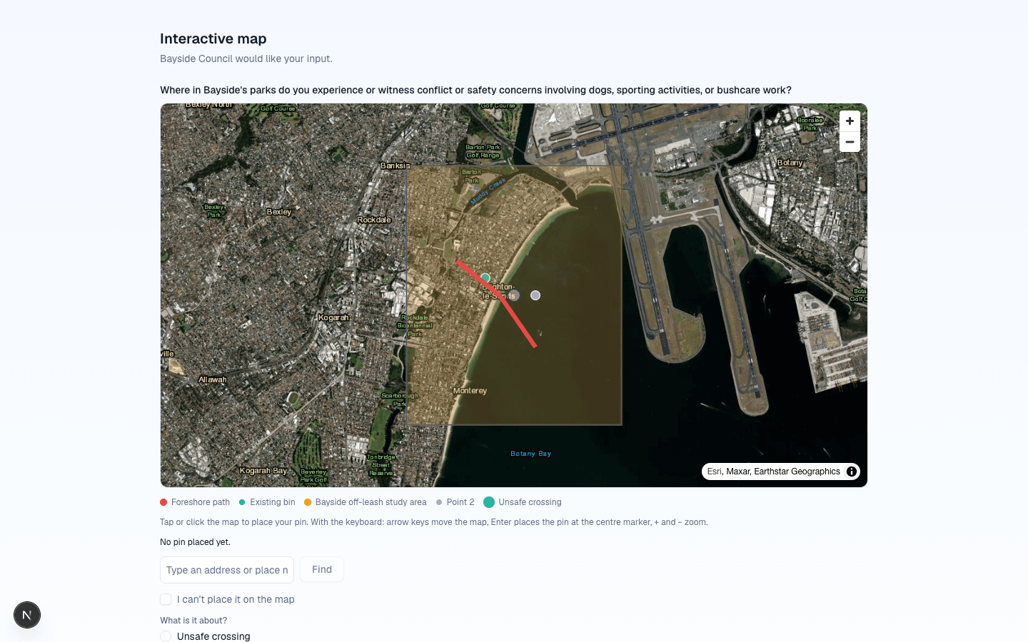 The published interactive map as a participant sees it: the tall map with its layers and legend, then the questions