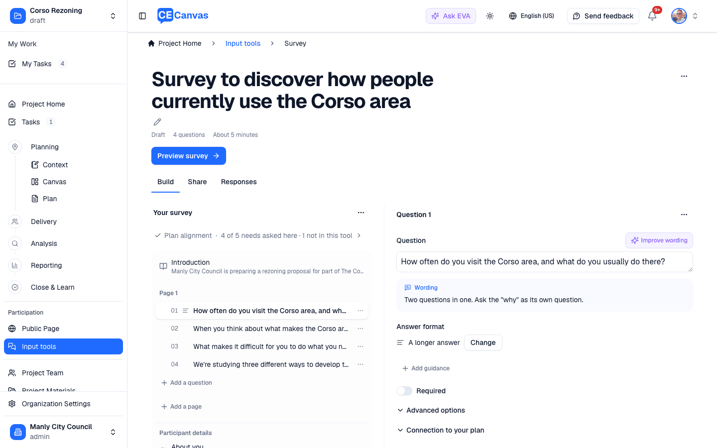 The Build tab: one header with the survey's name, state and Preview survey button; the outline of pages and questions on the left; the selected question's wording, answer method and choices on the right