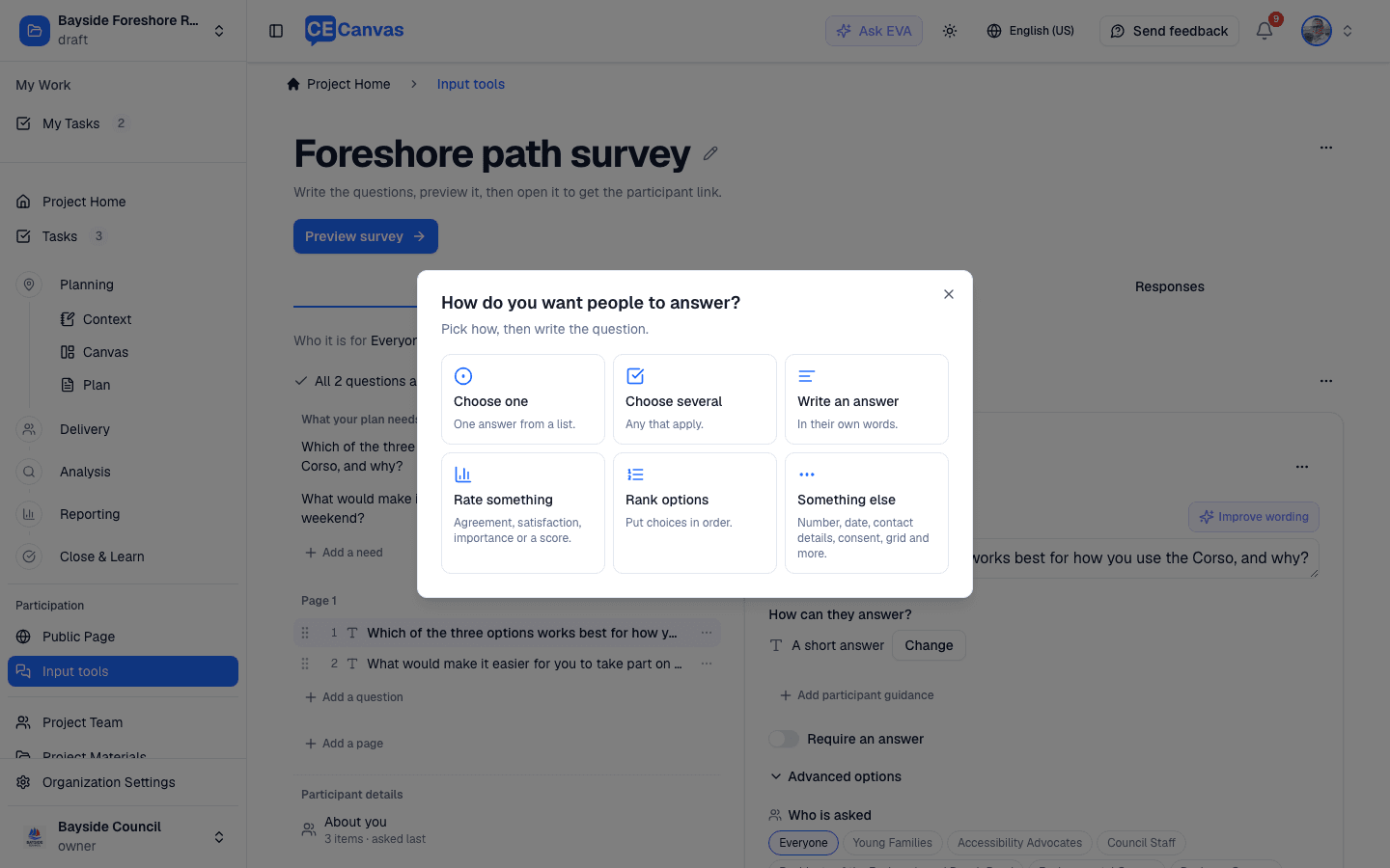 Add a question: How do you want people to answer? with six choices — Choose one, Choose several, Write an answer, Rate something, Rank options, Something else