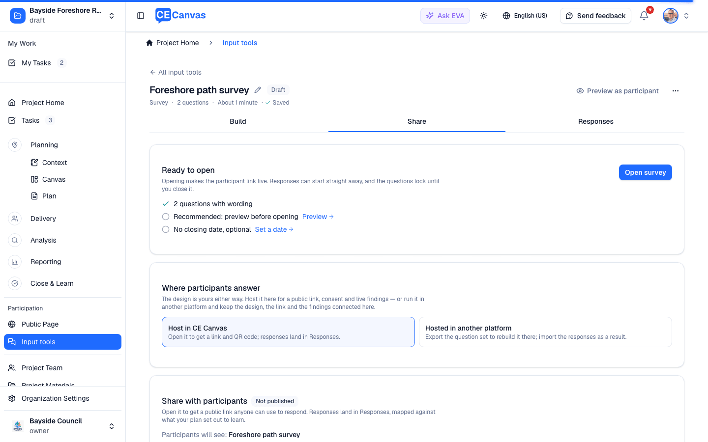 The Share tab of a complete draft: Ready to open with the Open survey button, the done lines and the recommendations to preview and set a closing date