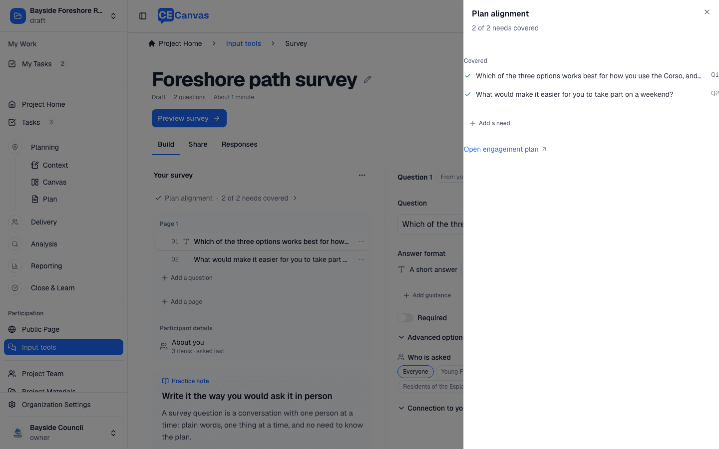 The Plan alignment drawer beside the builder: purpose, audience and participant experience, then the plan's needs as short lines with the question numbers that serve them, and one Open engagement plan link