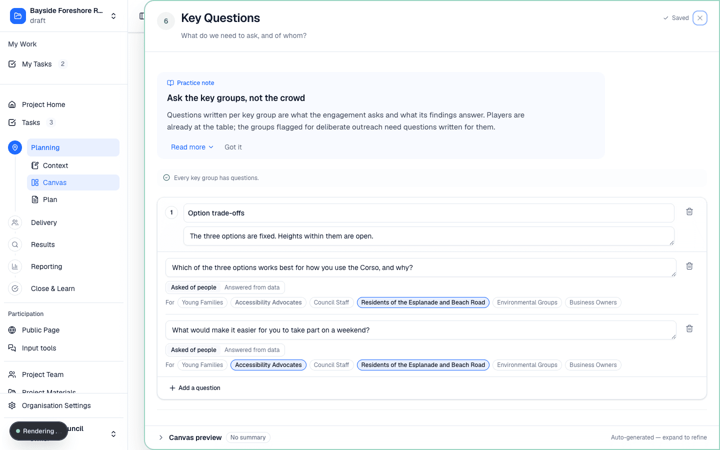The Key Questions workspace: a topic with its framing line, two questions, and the stakeholder groups each question is tagged to