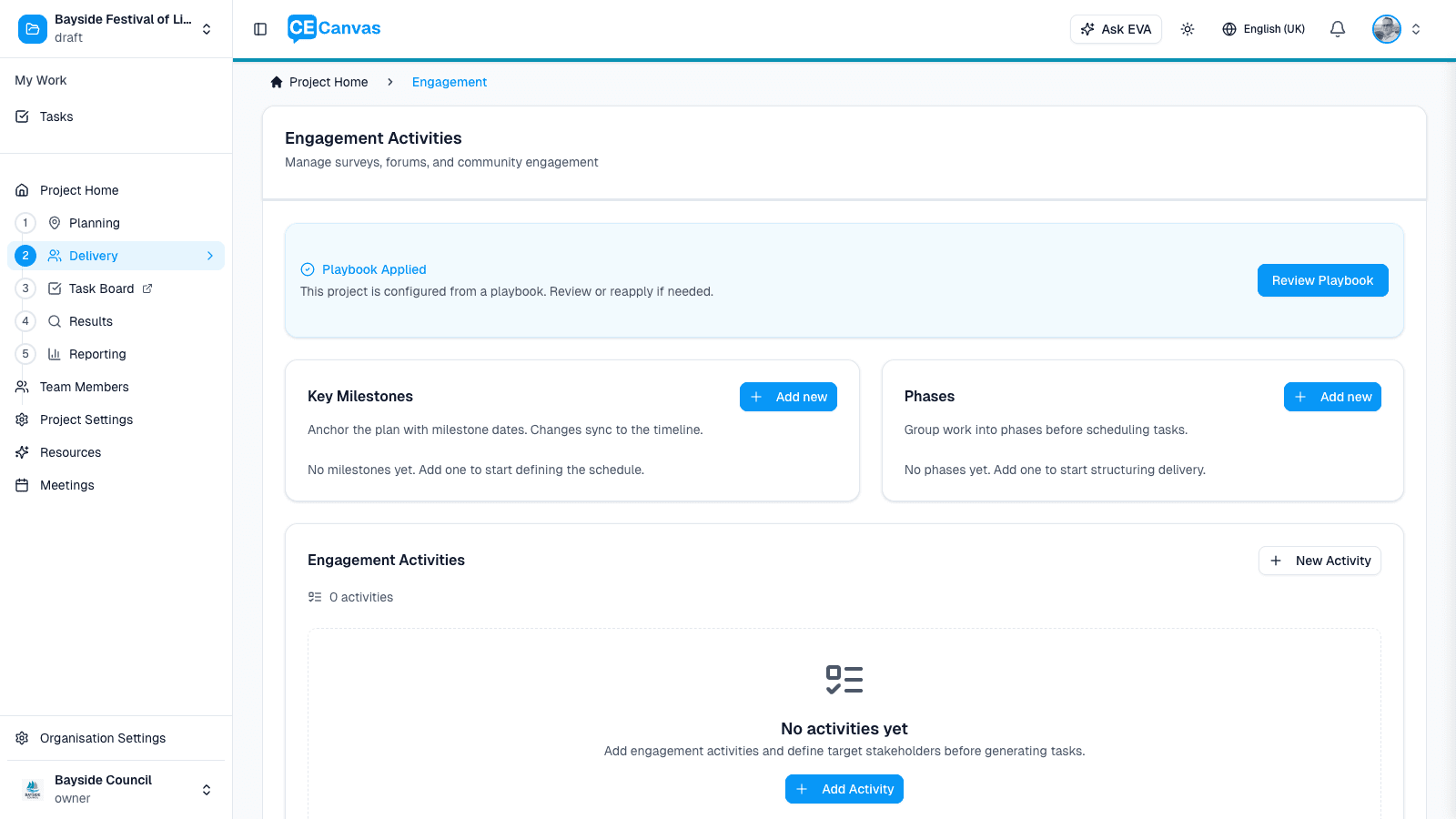 Engagement Delivery page showing Key Milestones, Phases, and Engagement Activities sections