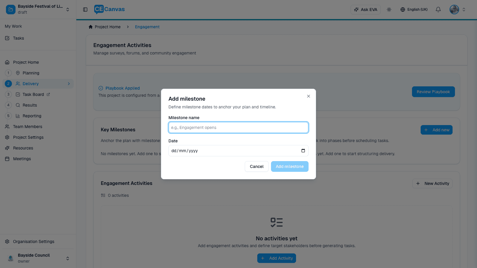 Add milestone modal with Milestone name and Date fields