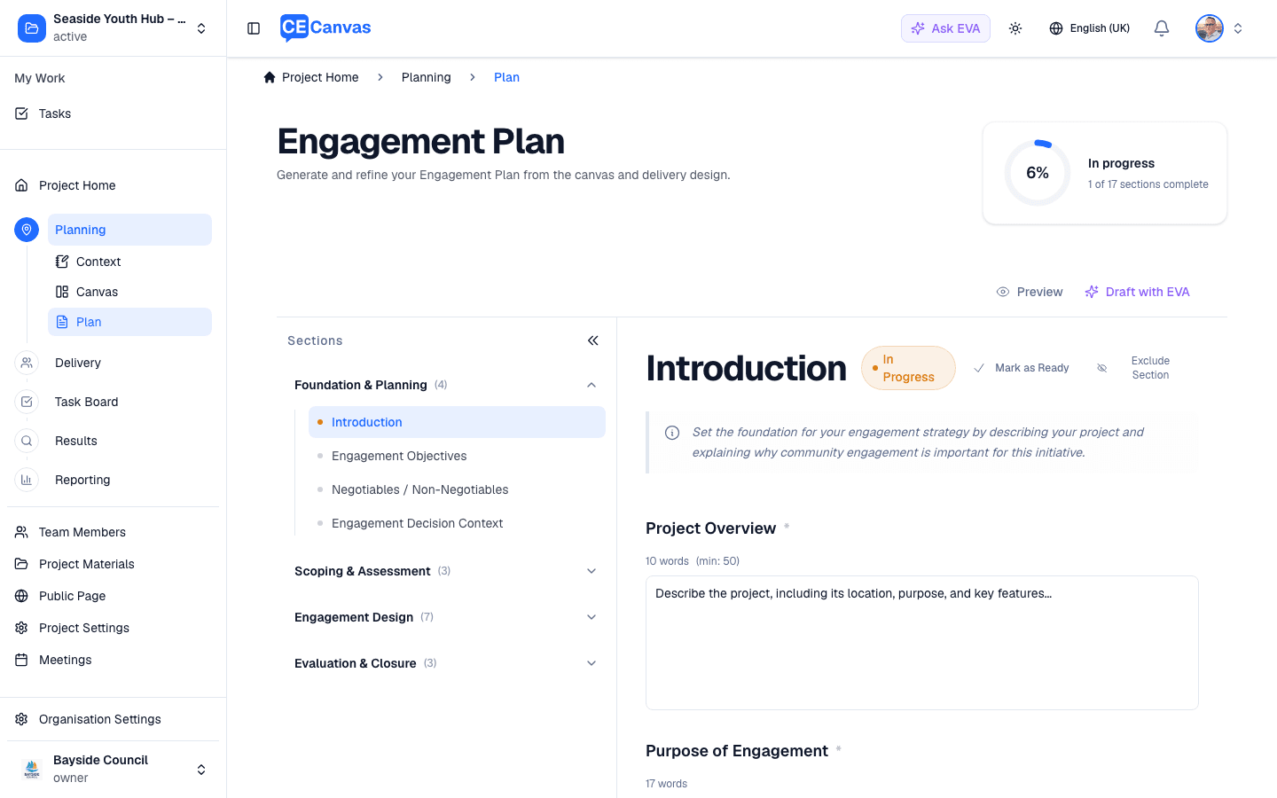 Engagement Plan editor showing the sections sidebar grouped into Foundation & Planning, Scoping & Assessment, Engagement Design, and Evaluation & Closure, with the Introduction section open