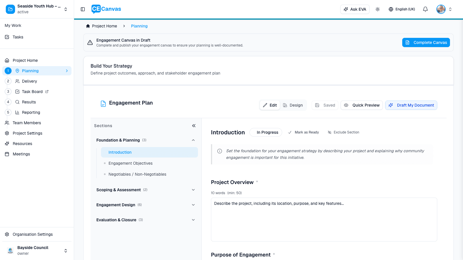 Engagement Planning page showing the document editor with section sidebar and Introduction section open