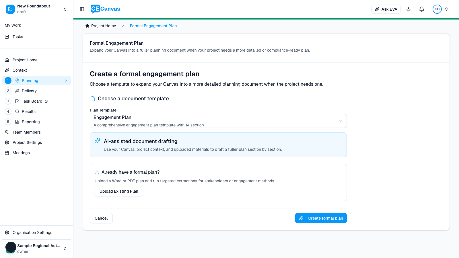 Formal Engagement Plan creation page with template selection and AI-assisted drafting options