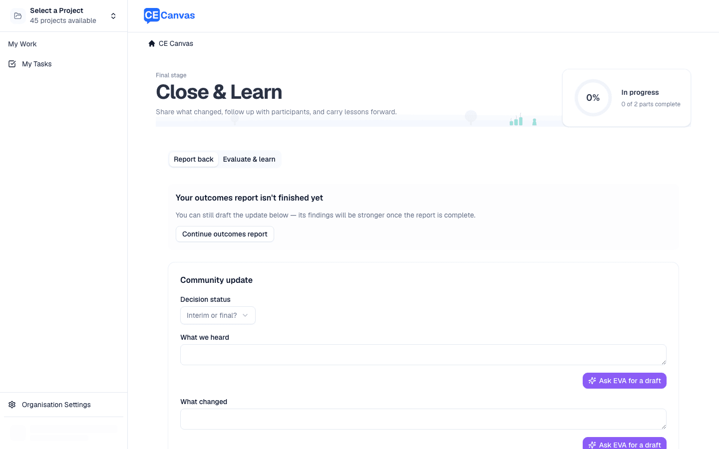 Close & Learn workspace showing the two-part completion meter and the Report back and Evaluate & learn tabs