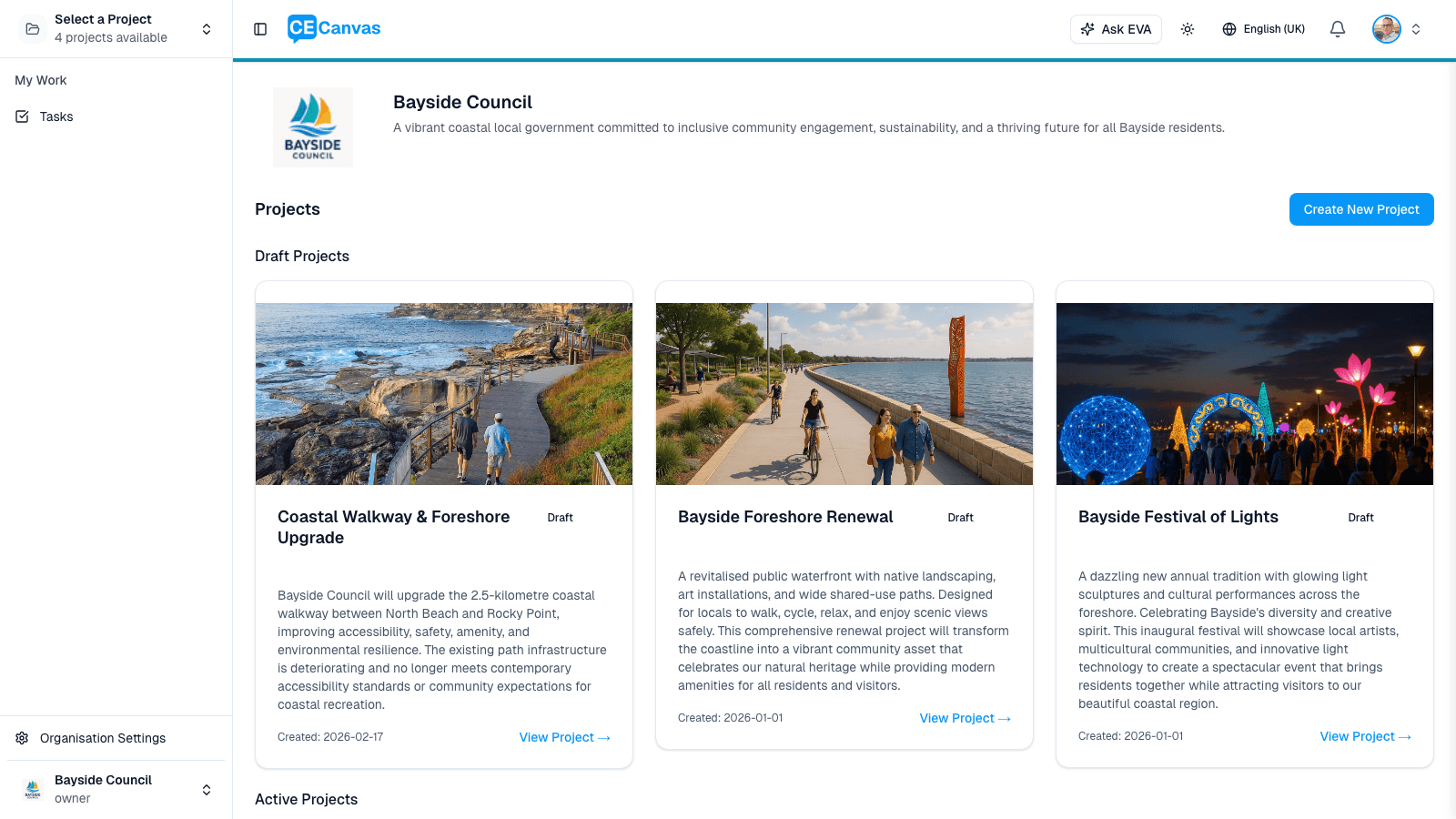 Organisation home showing projects