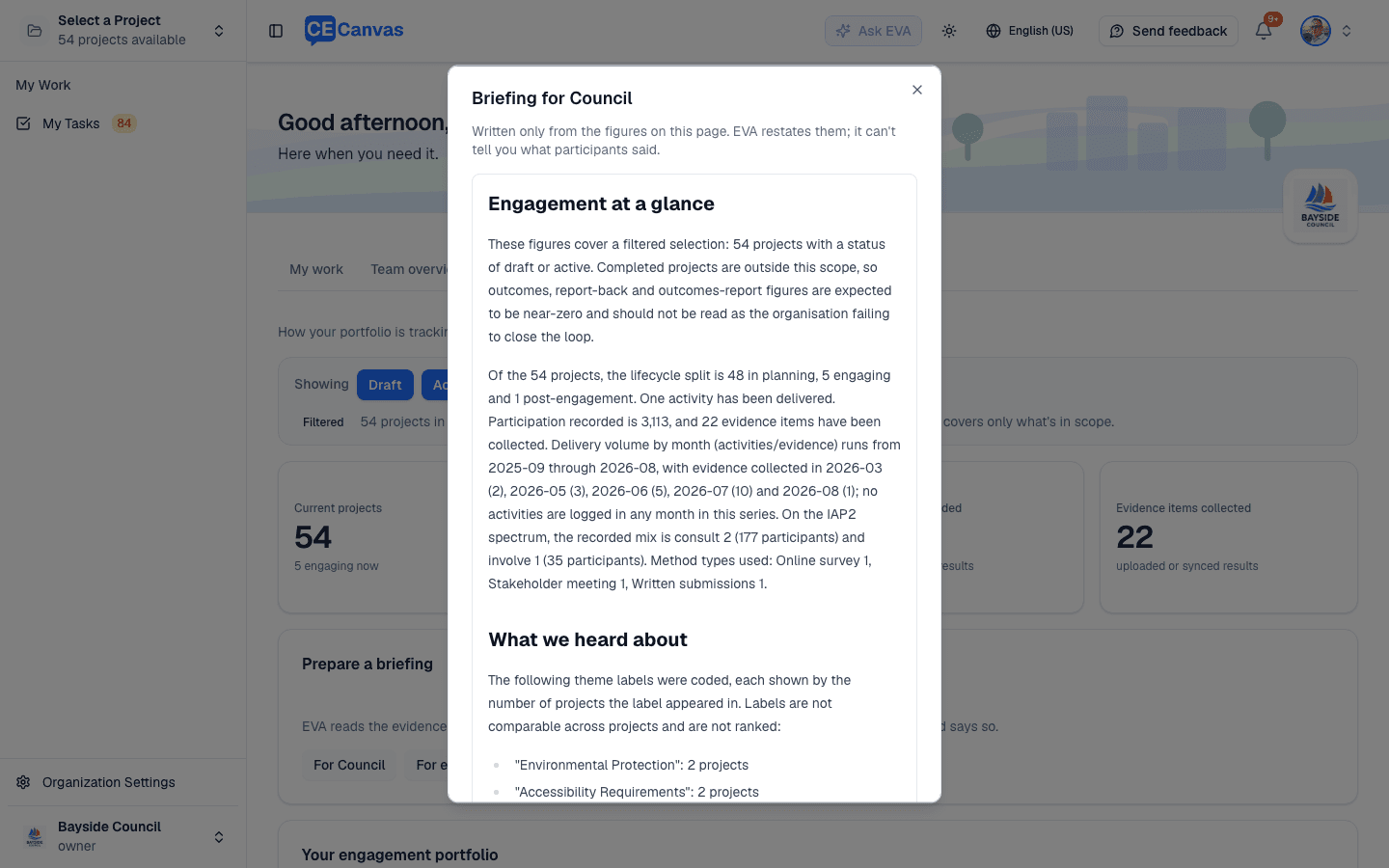 Briefing for Council dialog opened over a filtered insights tab, opening with the scope it covers
