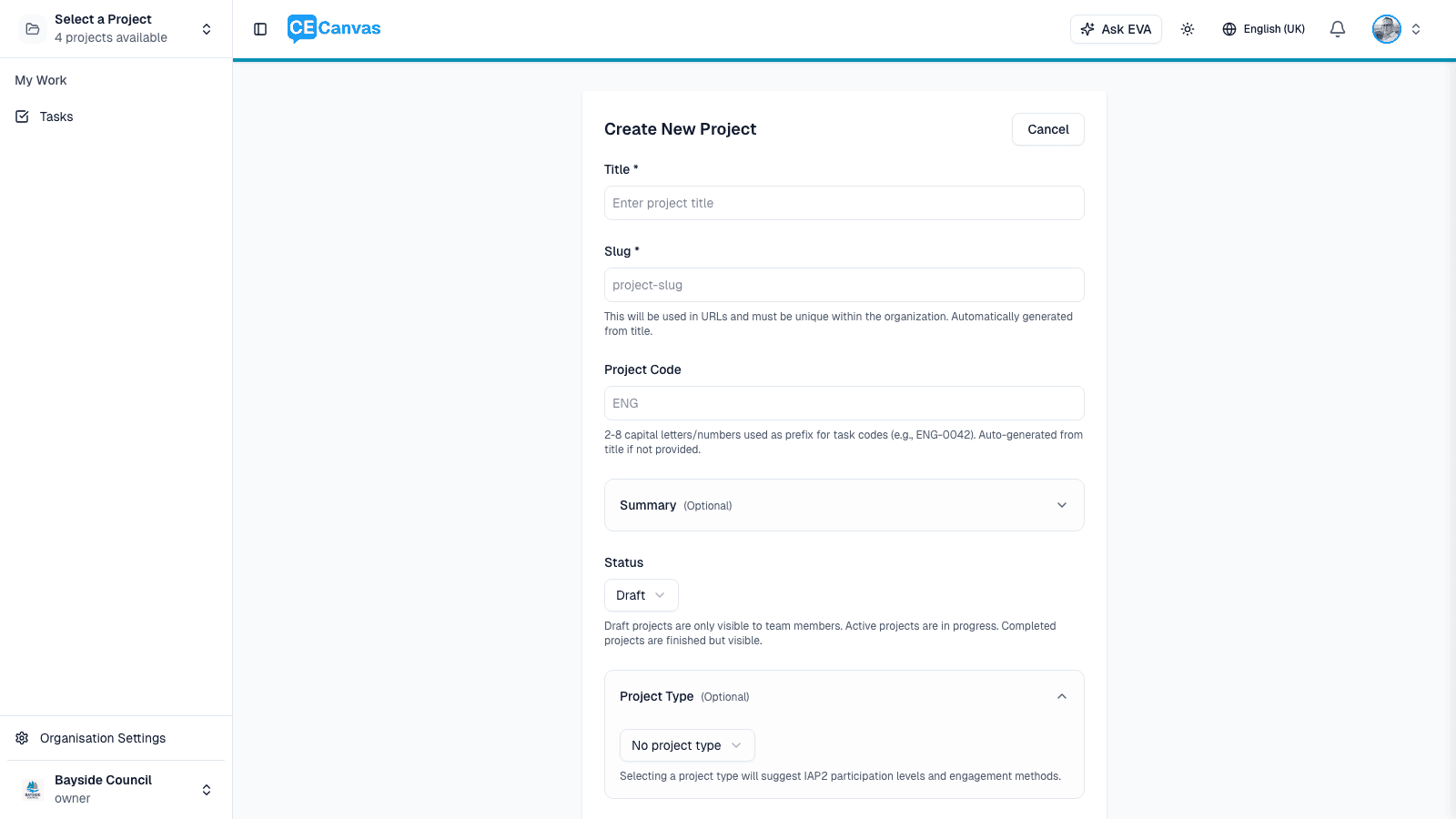 Create new project form