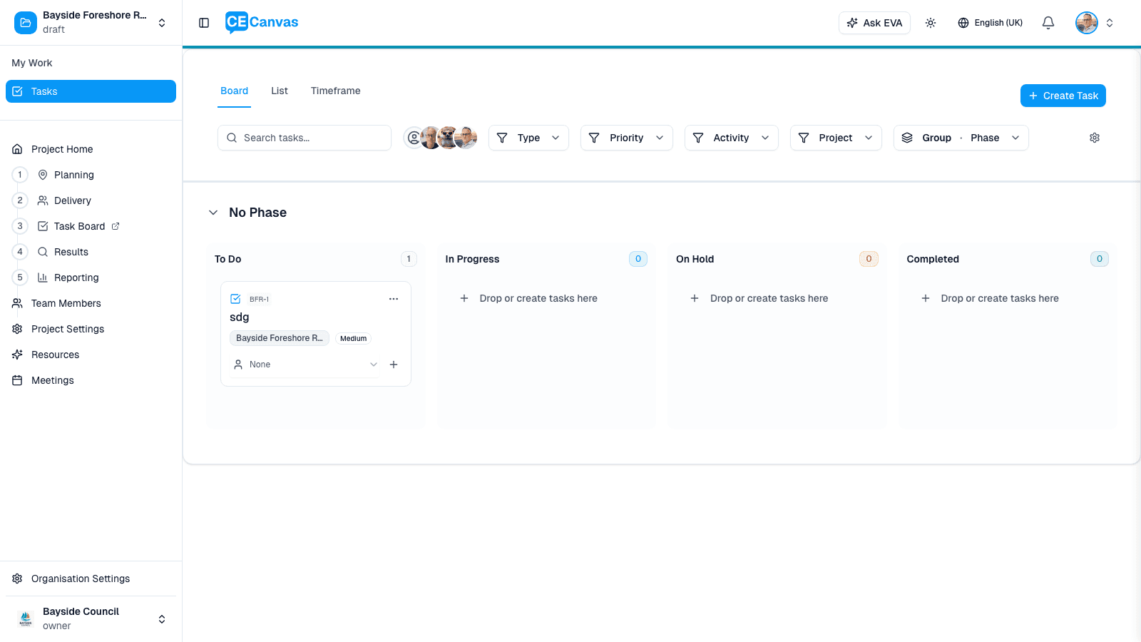 Task board showing Board, List, and Timeframe views