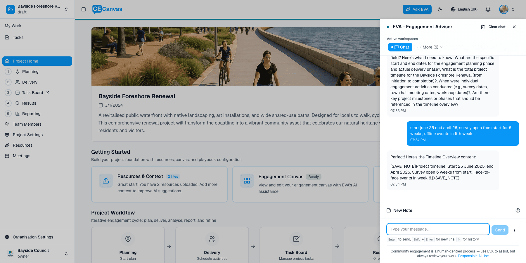 EVA engagement advisor panel open alongside the project workspace