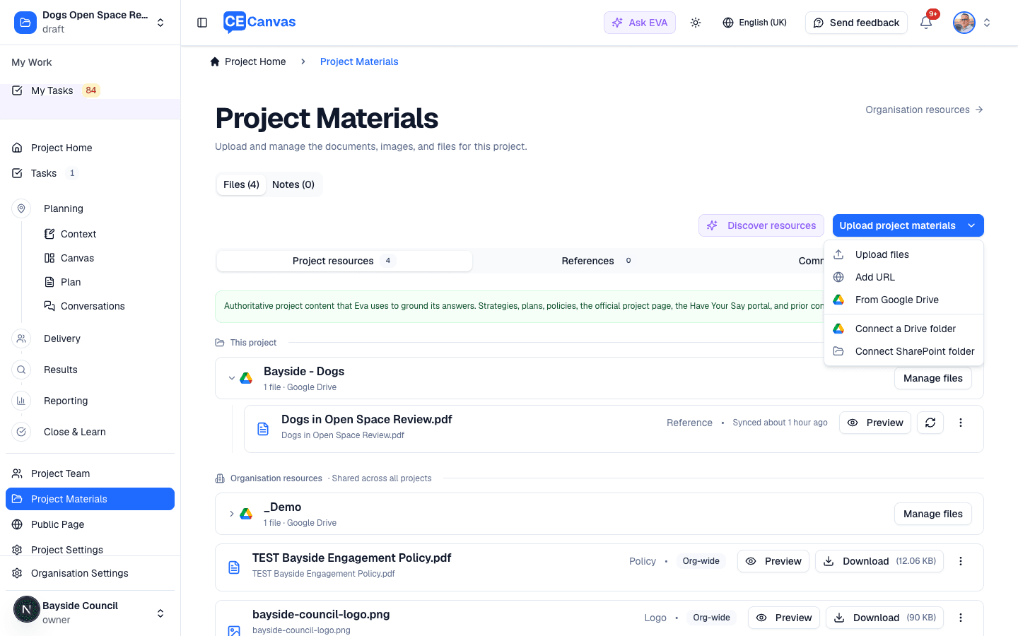The Upload project materials menu with From Google Drive and Connect a Drive folder options