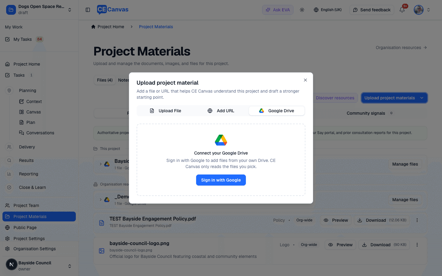 The Google Drive tab of the upload dialog offering Sign in with Google