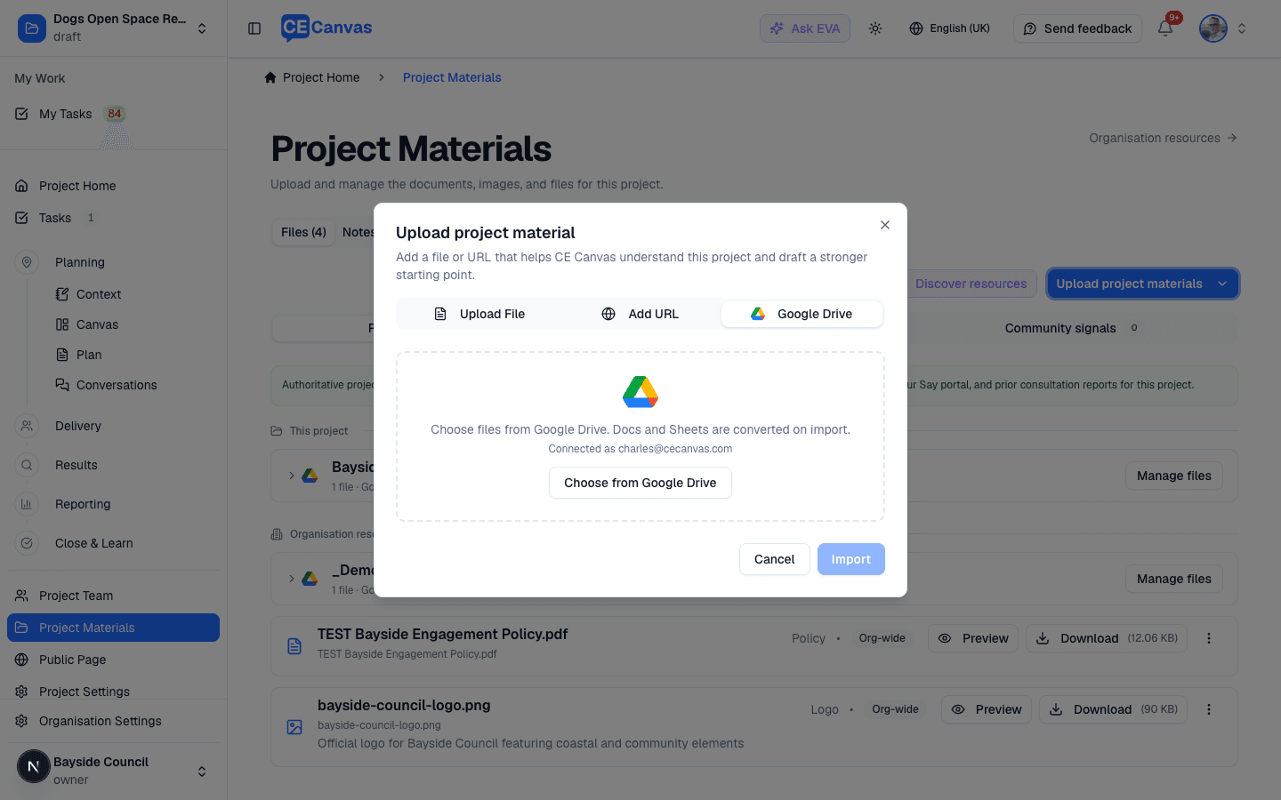 The Google Drive tab of the upload dialog showing your connected account and the Choose from Google Drive button