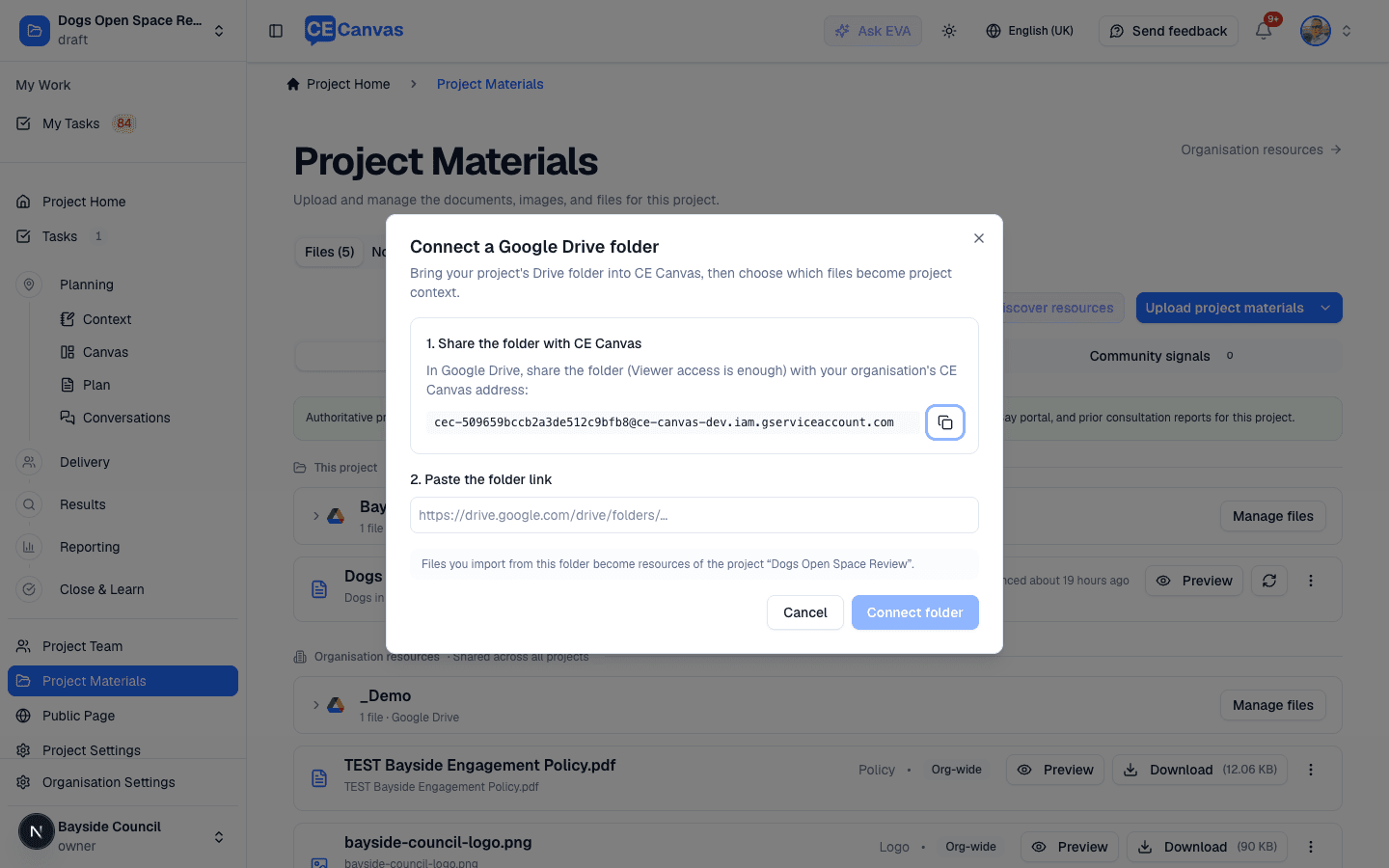 The Connect a Google Drive folder dialog showing the organisation share address and folder link field
