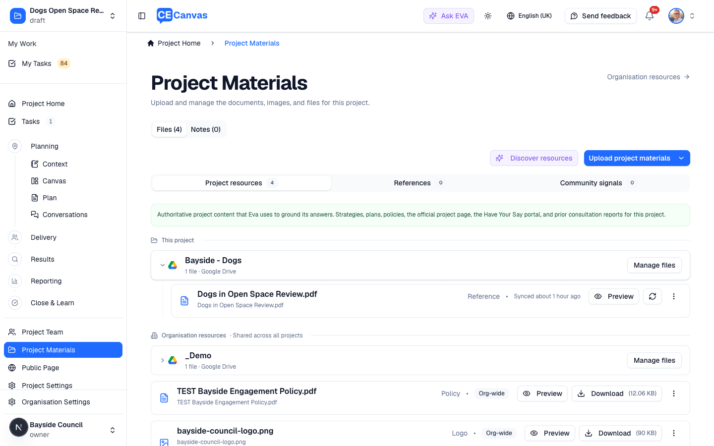A connected Drive folder expanded in the Project Materials list, showing its synced files