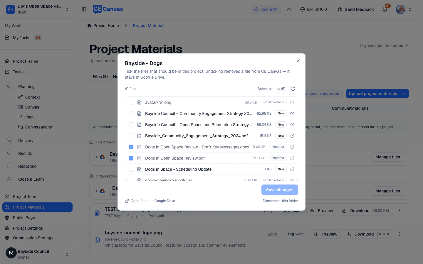 The Manage files checklist marking each Drive file as new, imported, or not importable