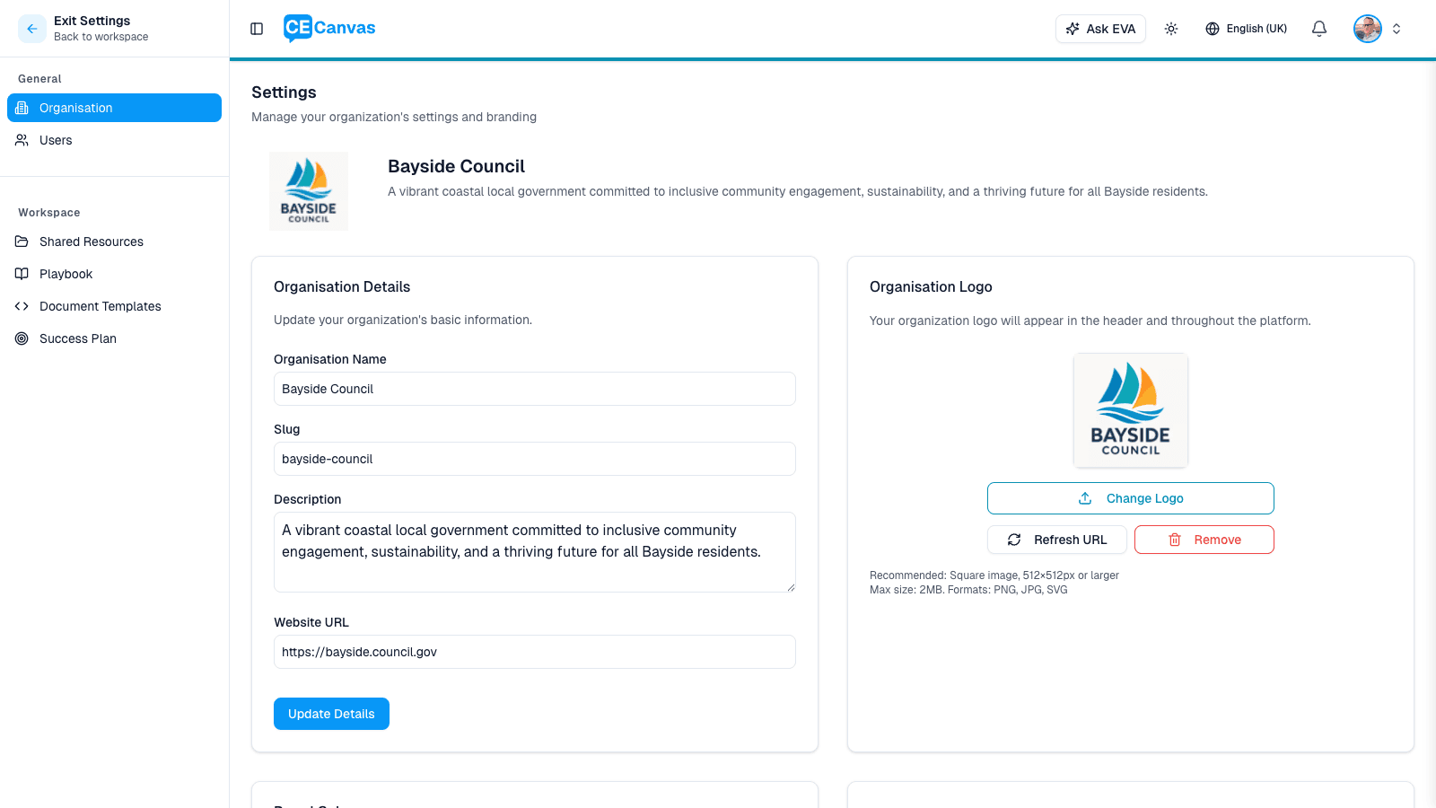Organisation Settings general page showing Organisation Details form and Organisation Logo panel