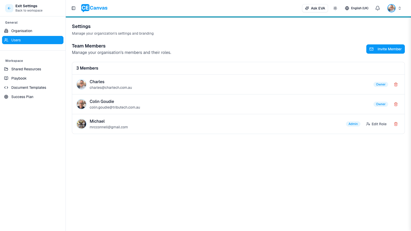 Organisation Settings Users page showing the team members list with roles and Invite Member button