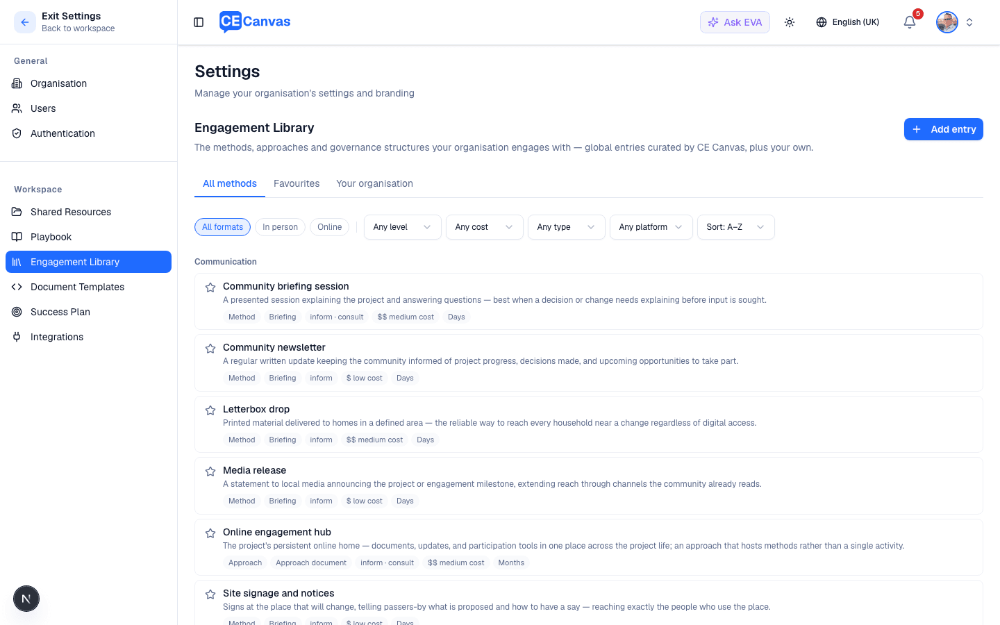 Engagement Library settings page with tabs, filters and curated methods grouped by category