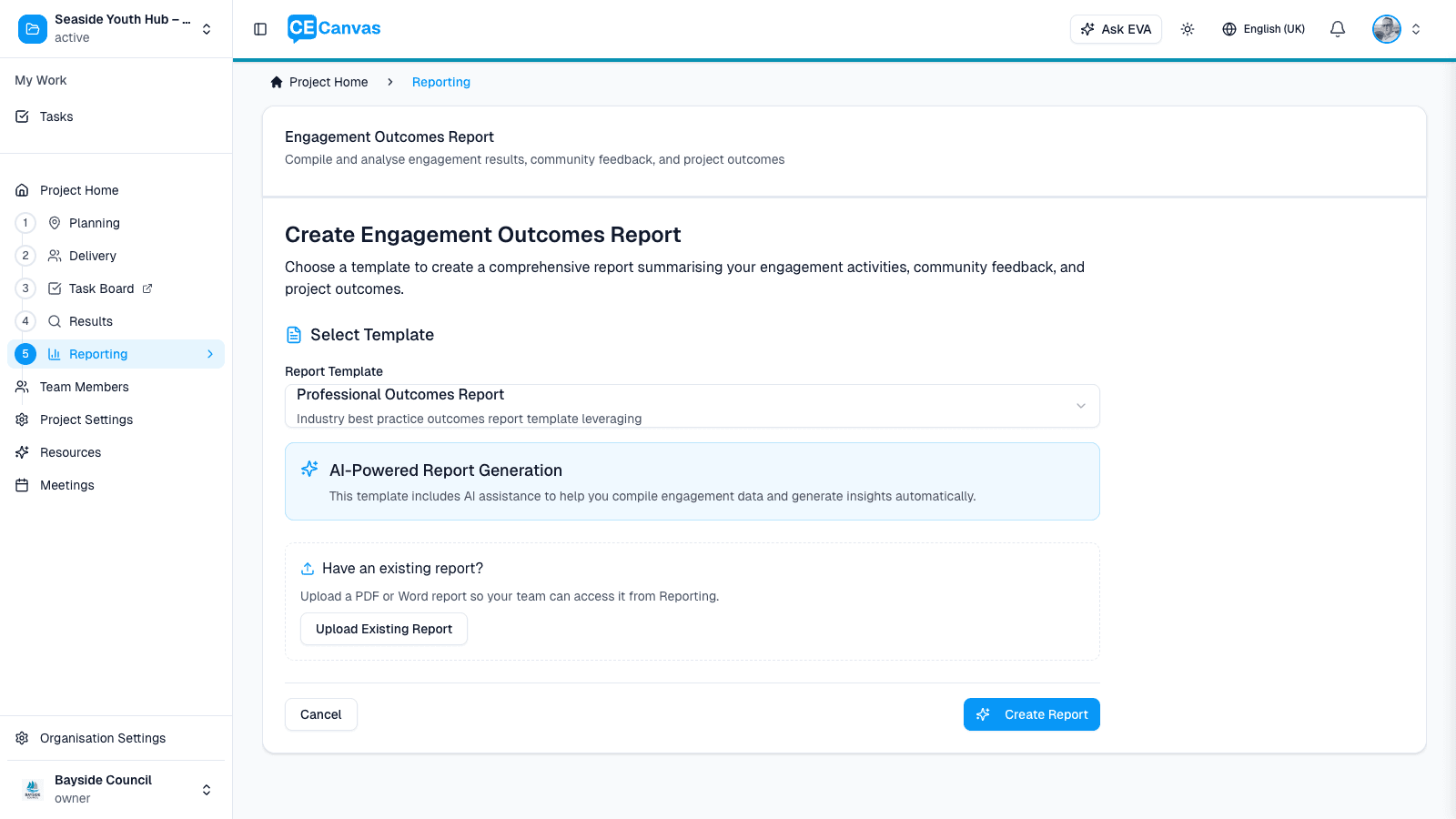 Engagement Outcomes Report page showing template selection, AI-Powered Report Generation, and Upload Existing Report options