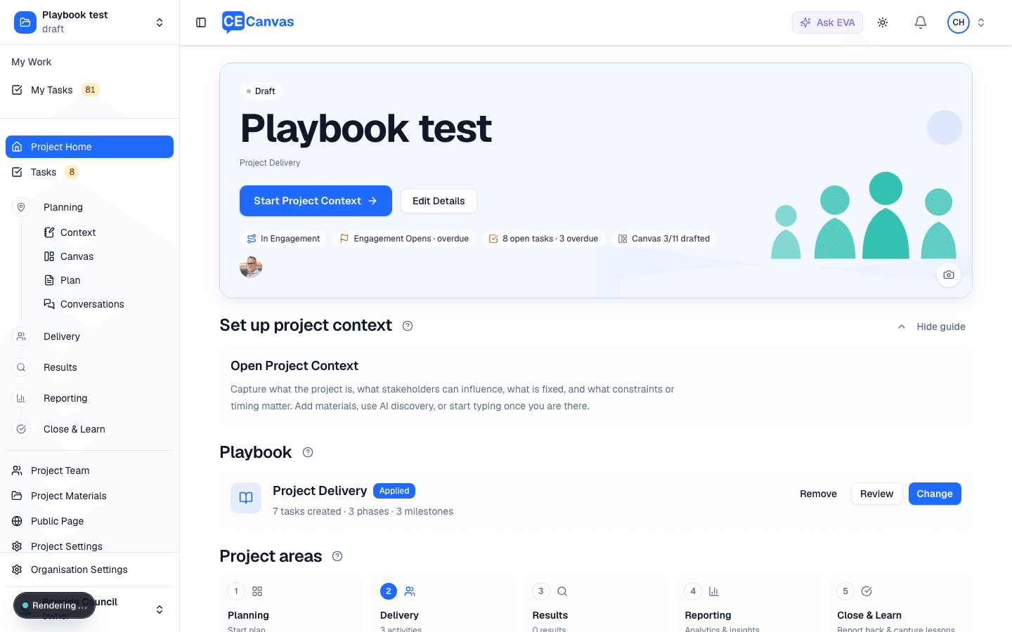 Project Home showing the Playbook section with the project type, an Applied badge, and Remove, Review and Change buttons