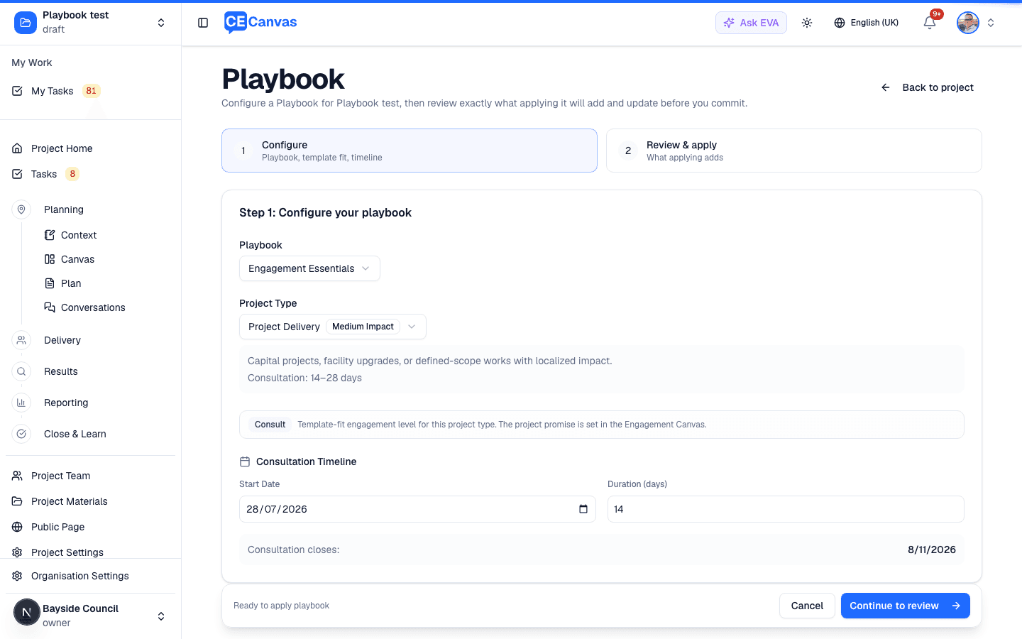 Playbook setup, step 1: choosing the Playbook and project type with the consultation timeline
