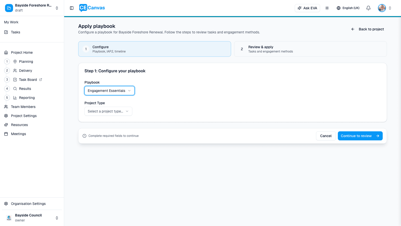 Apply playbook step 1 with Engagement Essentials selected