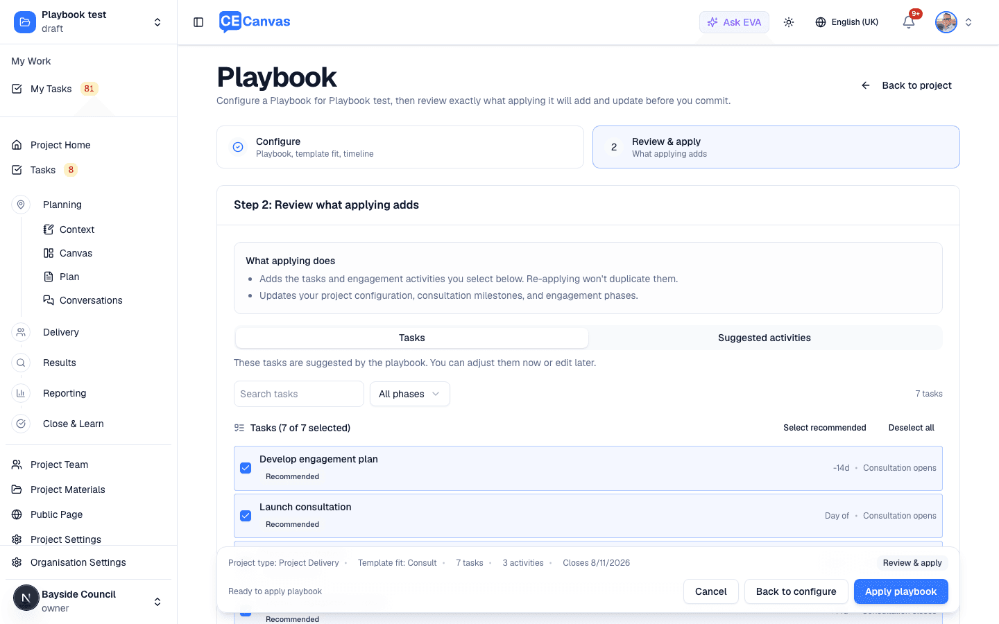 Playbook setup, step 2: reviewing the tasks and suggested activities before applying