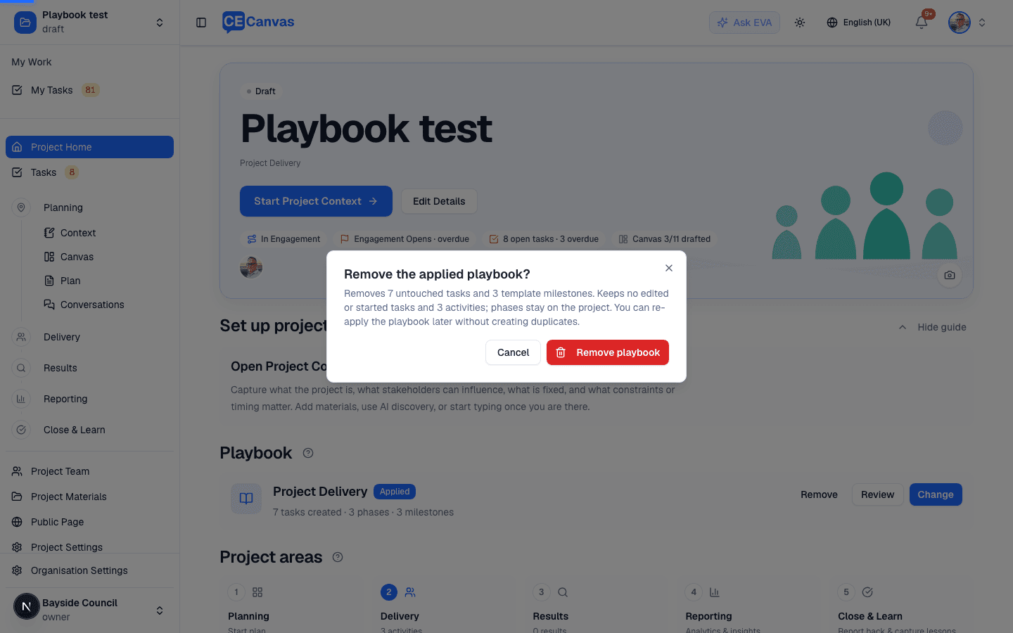 The remove playbook confirmation showing exactly how many tasks and milestones will be removed and what will be kept