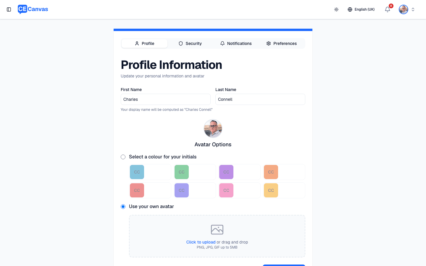 Profile Information tab showing first and last name fields and avatar options