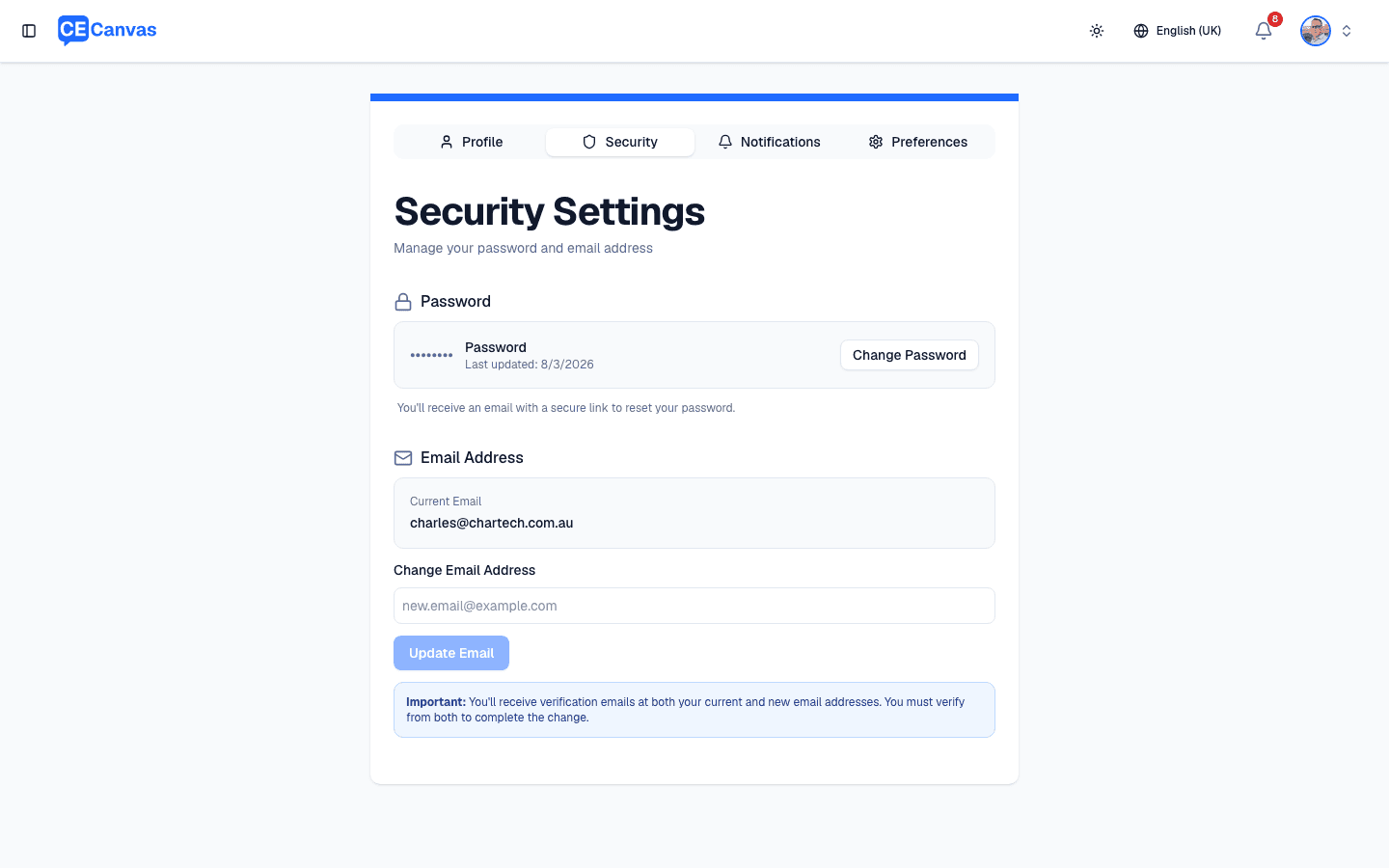 Security Settings tab showing password change and email address change