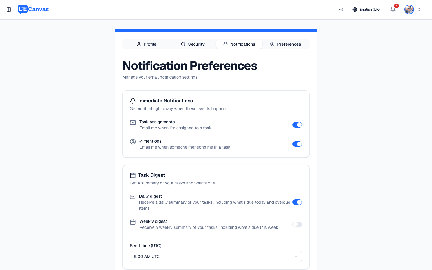 Notification Preferences tab showing immediate notifications and task digest options