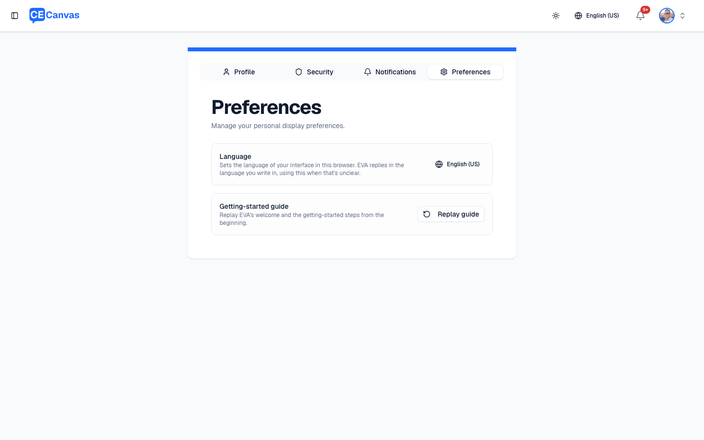 Preferences tab showing language selection and getting-started guide replay