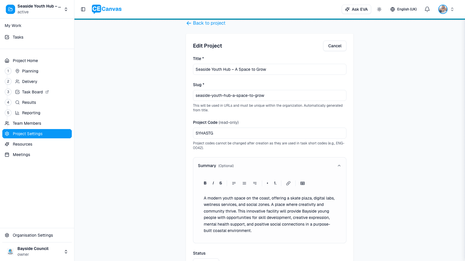 Edit Project form showing Title, Slug, Project Code (read-only), Summary, and Status fields