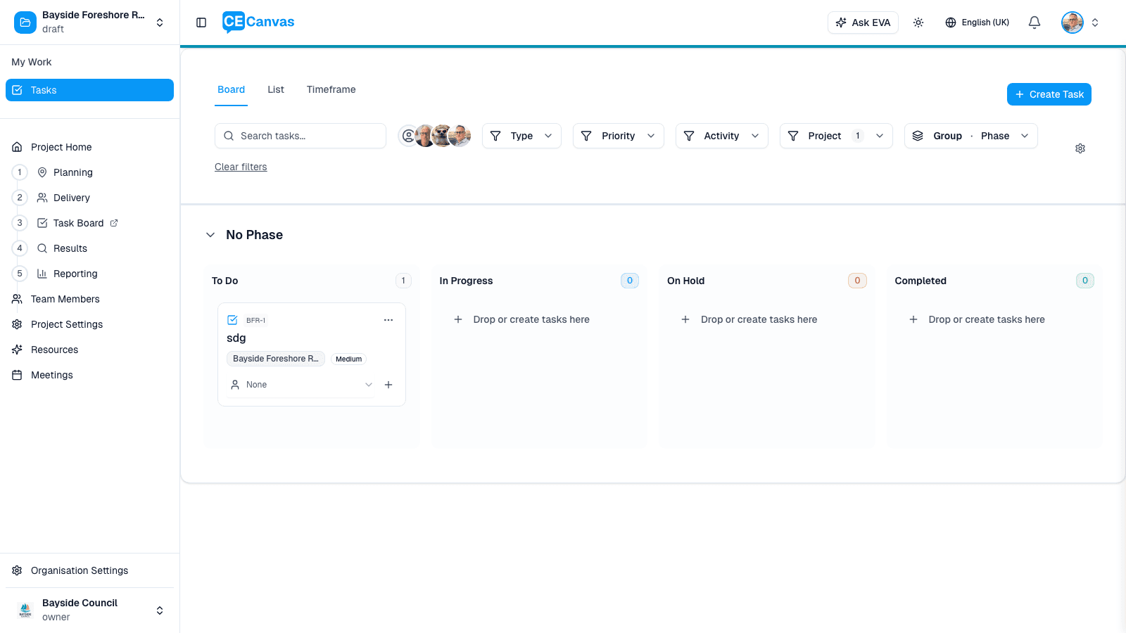 Project Task Board showing tasks grouped by phase with assignee controls