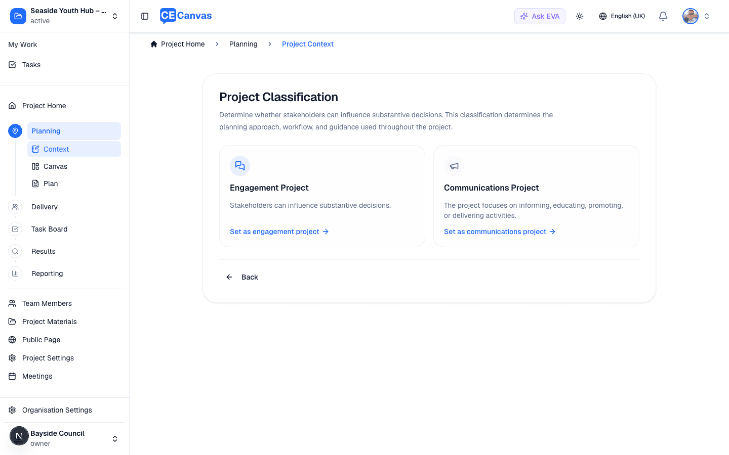 Project Classification screen asking whether stakeholders can influence substantive decisions, with Engagement Project and Communications Project options