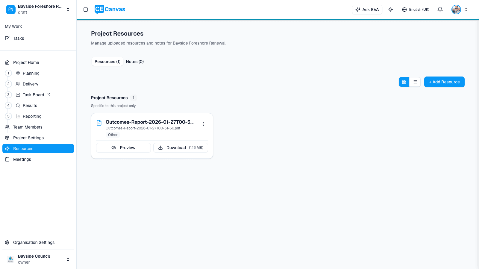 Project Resources page showing uploaded files