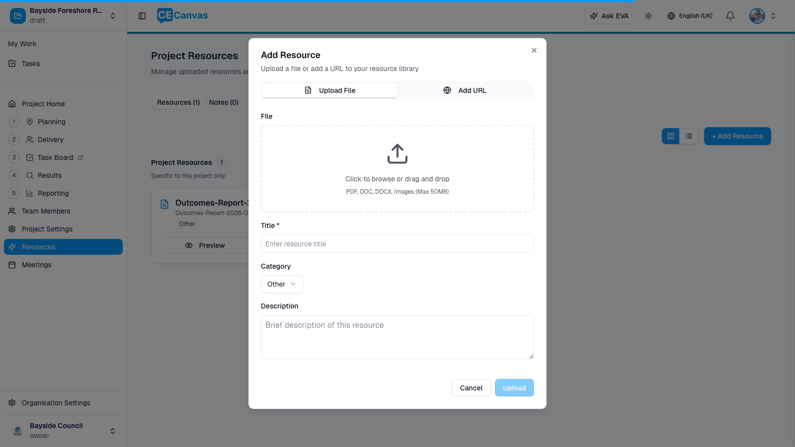 Add Resource modal with file upload and URL options