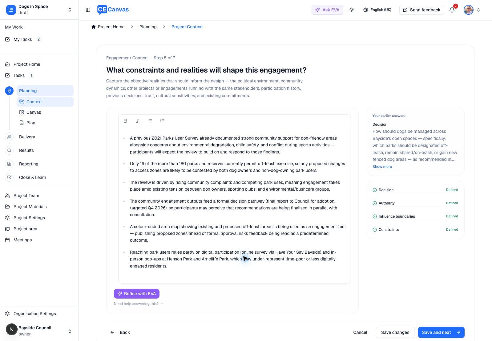 Guided context editor with bold, italic, bullet and numbered list controls, and constraints displayed as separate readable bullets
