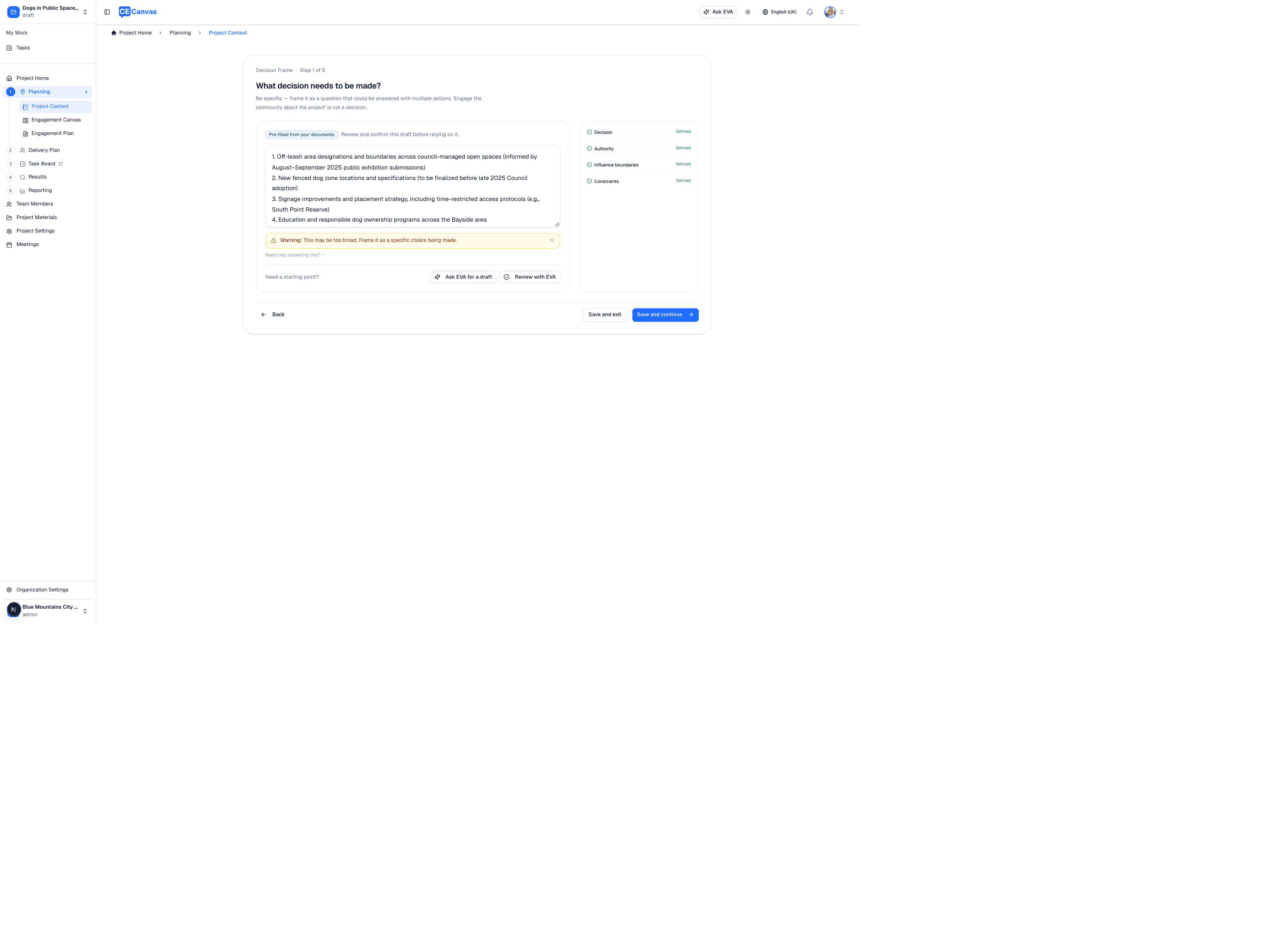 Guided editor showing a context field with AI-drafted content and a field status panel on the right