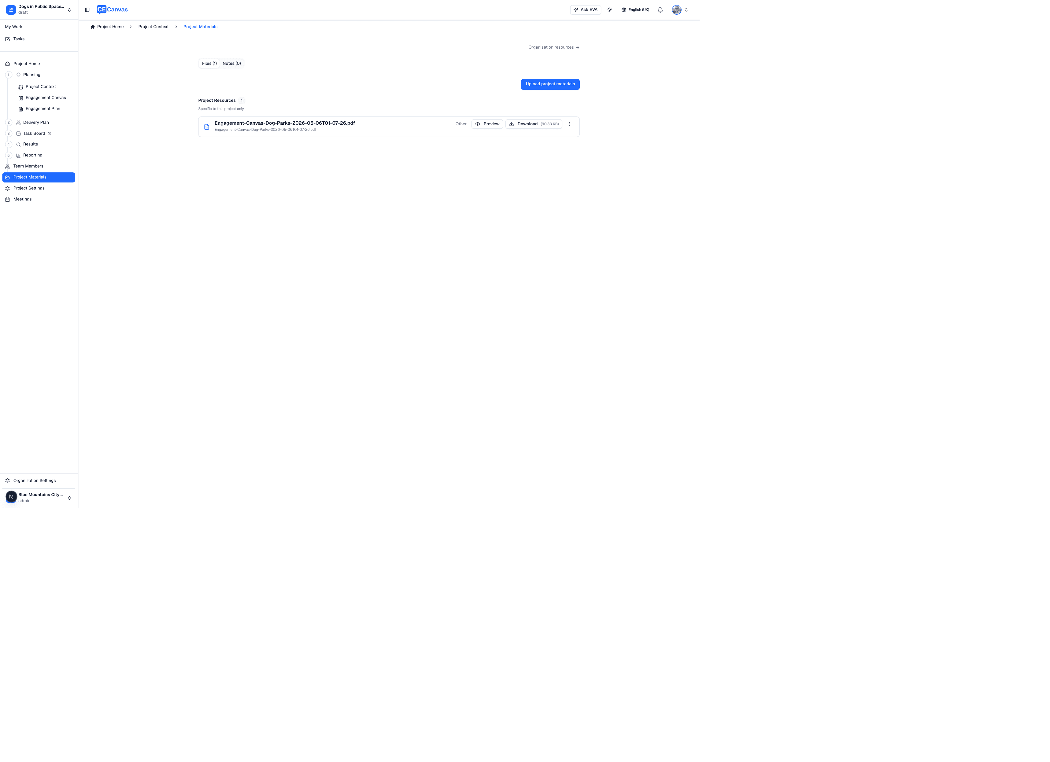 Project Materials page showing uploaded project files with processing status indicators