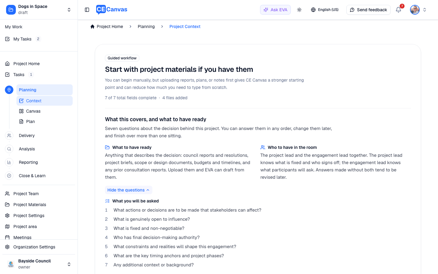 Project Context opening screen showing what to have ready, who to have in the room, and the seven questions expanded