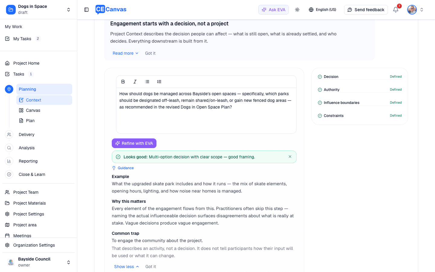 A guided Project Context question with the practice note above the field and the expanded guidance note below it showing example, why this matters and common trap