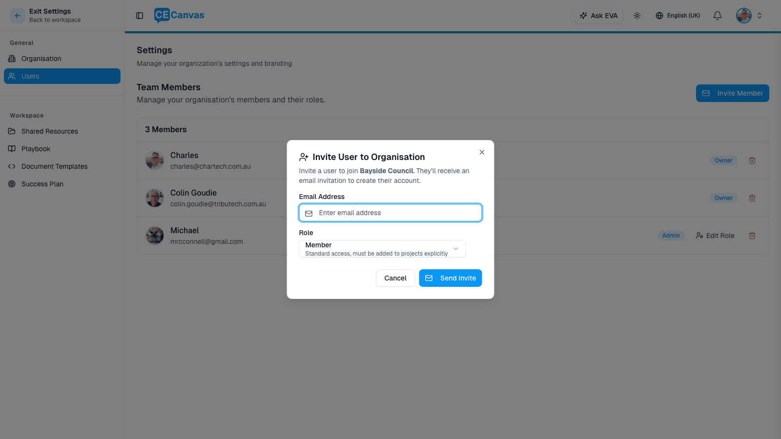 Invite User to Organisation modal showing email and role fields