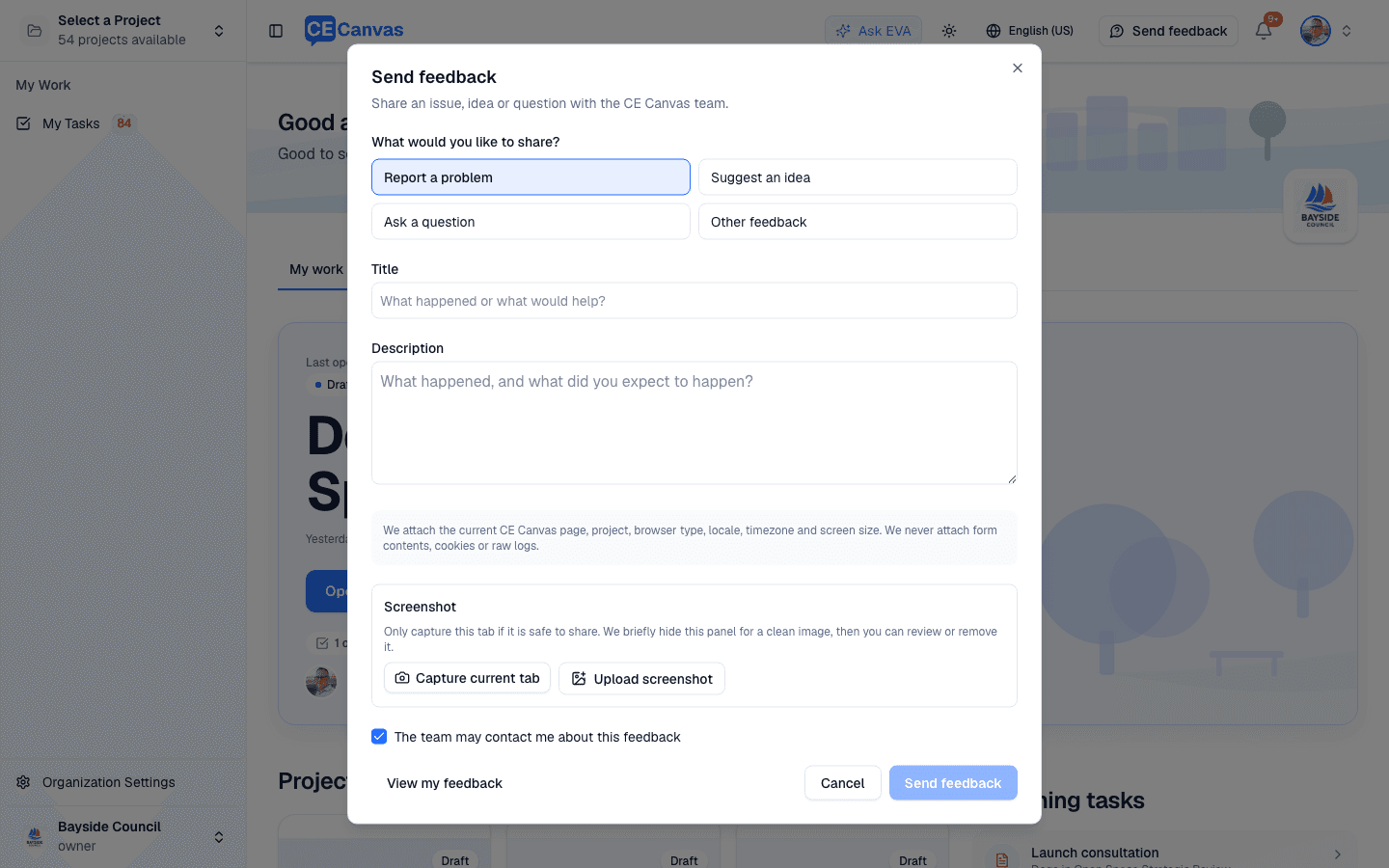 The Send feedback dialog showing the feedback categories and report fields